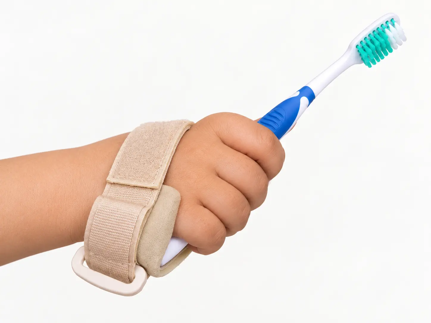 Sikat gigi dengan tali pengikat tangan utensil holder untuk anak berkebutuhan khusus